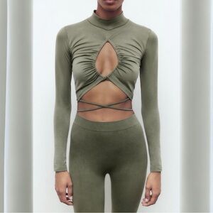 Zara Olive Cutout Cut Out Ruched Crop Top